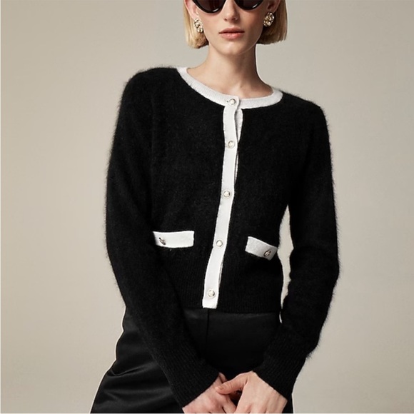 J crew Brushed cashmere fitted cardigan with contrast trim in black/ivory sz XXS - Picture 3 of 13